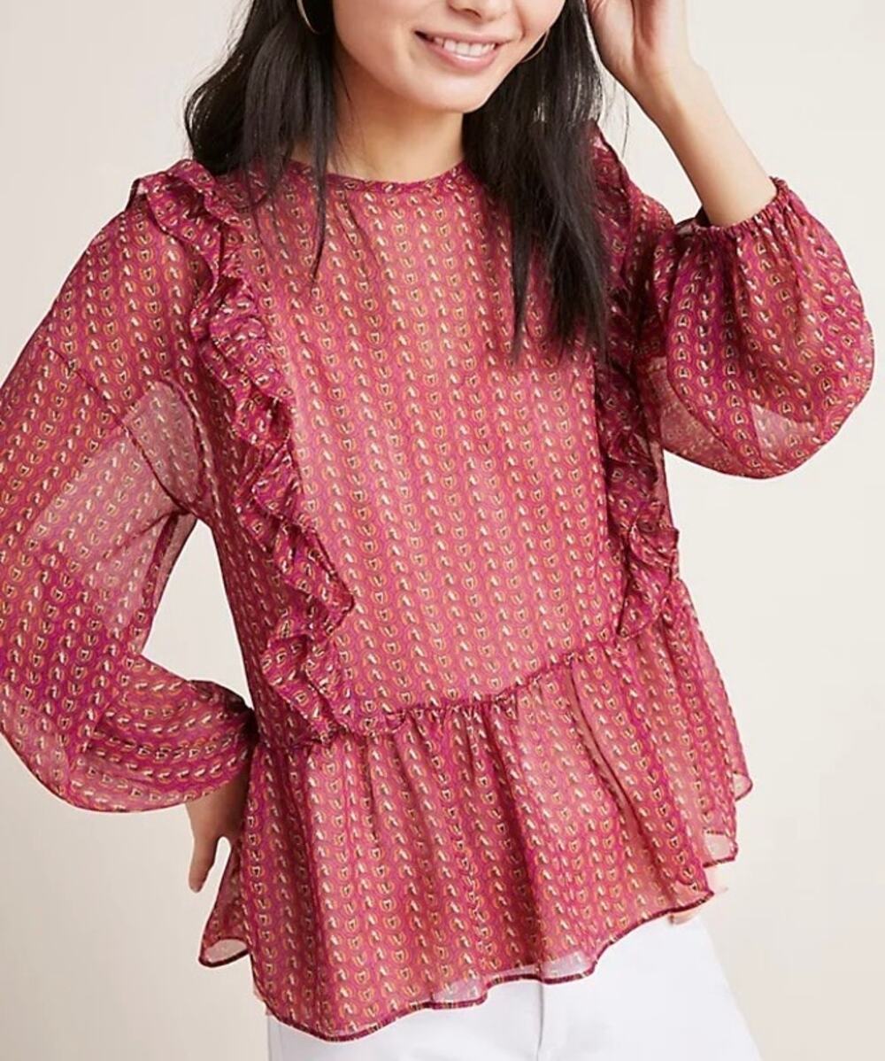 MISA Campania Ruffled Sheer Silk Blouse Small S